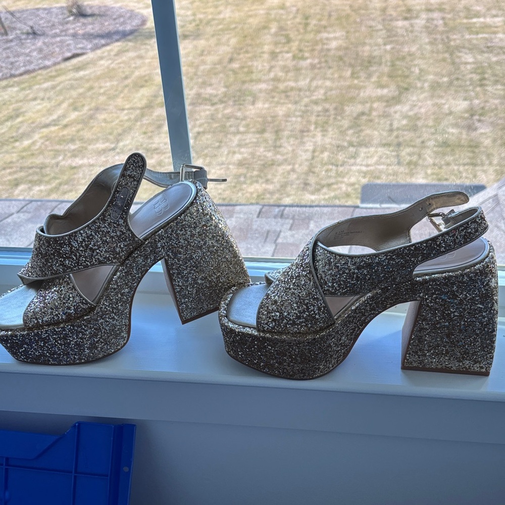 Glitter Platform Slingback Heels - Silver